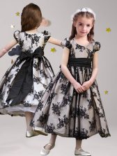  Lace Black Flower Girl Dresses Party and Quinceanera and Wedding Party with Sashes ribbons Scoop Short Sleeves Zipper