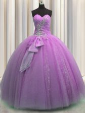  Tulle Sweetheart Sleeveless Lace Up Beading and Sequins and Bowknot Sweet 16 Dresses in Lilac