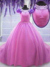  Rose Pink Tulle Lace Up Scoop Short Sleeves Floor Length Sweet 16 Quinceanera Dress Hand Made Flower