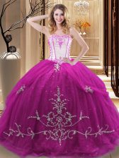  Floor Length Fuchsia Quince Ball Gowns Tulle Sleeveless Embroidery