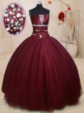 Superior Ball Gowns Quinceanera Dress Burgundy Strapless Tulle Sleeveless Floor Length Lace Up