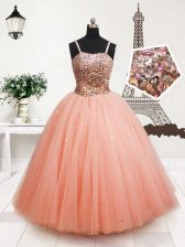  Straps Sequins Peach Sleeveless Tulle Zipper Girls Pageant Dresses for Quinceanera and Wedding Party