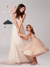 Adorable Straps Sleeveless Tulle Floor Length Zipper Prom Gown in Champagne with Beading