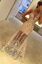 Charming Mermaid Tulle V-neck Sleeveless Zipper Appliques Prom Dress in Champagne