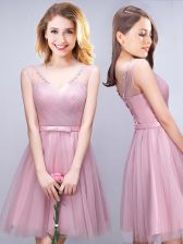 Modest V-neck Sleeveless Tulle Dama Dress for Quinceanera Ruching and Bowknot Lace Up