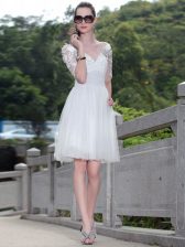 Glittering White Sleeveless Knee Length Lace Zipper Prom Gown
