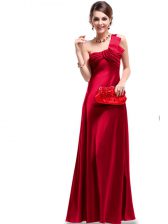  Wine Red Criss Cross One Shoulder Ruching Prom Evening Gown Satin Sleeveless