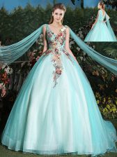  Sleeveless Tulle With Brush Train Lace Up Sweet 16 Dress in Aqua Blue with Appliques