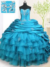  Teal Sleeveless Brush Train Beading and Appliques and Ruffled Layers and Pick Ups With Train Quinceanera Dress