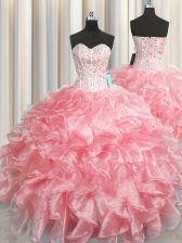 Hot Selling Visible Boning Zipper Up Sleeveless Organza Floor Length Zipper 15th Birthday Dress in Baby Pink with Beading and Ruffles