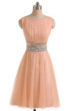  Scoop Peach Sleeveless Knee Length Beading Zipper Prom Dress