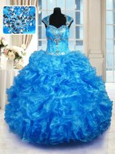  Baby Blue Lace Up Sweet 16 Quinceanera Dress Beading and Ruffles Cap Sleeves Floor Length
