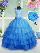 Great Organza Square Sleeveless Zipper Beading and Ruffled Layers Little Girls Pageant Dress in Baby Blue