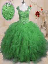 Stylish Beading and Ruffles Quince Ball Gowns Lace Up Cap Sleeves Floor Length
