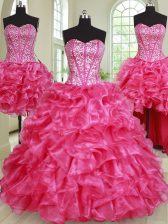  Four Piece Floor Length Hot Pink Quinceanera Dresses Organza Sleeveless Beading and Ruffles