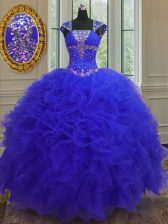  Straps Cap Sleeves Organza High Low Lace Up Vestidos de Quinceanera in Blue with Beading and Ruffles and Sequins