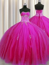  Really Puffy Tulle Sweetheart Sleeveless Lace Up Beading and Appliques 15 Quinceanera Dress in Fuchsia