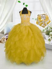 Sweet Halter Top Organza Sleeveless Floor Length Little Girls Pageant Gowns and Beading and Ruffles