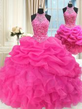  Three Piece Hot Pink Organza Lace Up Halter Top Sleeveless Floor Length Quinceanera Dresses Beading and Ruffles and Pick Ups