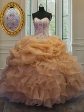 Designer Gold Ball Gowns Sweetheart Sleeveless Organza Floor Length Lace Up Beading and Pick Ups Quinceanera Dress