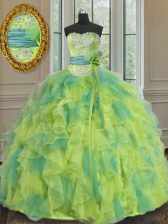  Sleeveless Floor Length Beading and Appliques and Ruffles and Sashes ribbons and Hand Made Flower Lace Up Ball Gown Prom Dress with Multi-color