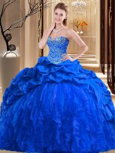 Superior Sleeveless Taffeta and Tulle Brush Train Lace Up Quinceanera Dress in Royal Blue with Beading and Ruffles