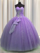  Lavender Ball Gowns Tulle Sweetheart Sleeveless Beading and Sequins and Bowknot Floor Length Lace Up Vestidos de Quinceanera