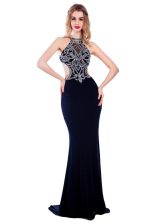 Fantastic With Train Navy Blue Prom Party Dress High-neck Sleeveless Sweep Train Criss Cross