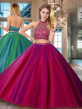 Perfect Halter Top Two Pieces Sleeveless Fuchsia 15 Quinceanera Dress Brush Train Backless