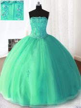  Floor Length Lace Up 15th Birthday Dress Turquoise for Military Ball and Sweet 16 and Quinceanera with Beading and Appliques