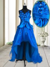 Beautiful Sleeveless Organza High Low Zipper Prom Dress in Royal Blue with Beading and Appliques and Bowknot