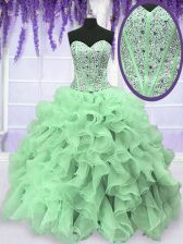  Apple Green Ball Gowns Beading and Ruffles Sweet 16 Dress Lace Up Organza Sleeveless Floor Length