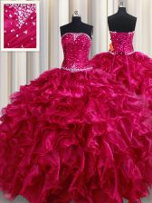 Smart Floor Length Fuchsia Quince Ball Gowns Organza Sleeveless Beading and Ruffles