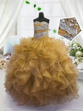 Inexpensive Gold Sleeveless Floor Length Beading and Ruffles Lace Up Kids Pageant Dress
