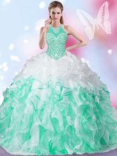 Glorious Halter Top Sleeveless Quinceanera Gown Floor Length Beading and Ruffles and Pick Ups Multi-color Organza