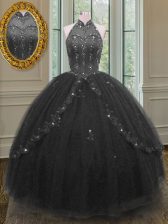 Sweet High-neck Sleeveless Tulle Ball Gown Prom Dress Beading and Appliques Lace Up