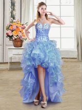 Extravagant Blue Lace Up Prom Evening Gown Sequins Sleeveless High Low