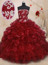 Custom Design Burgundy Ball Gowns Organza Strapless Sleeveless Beading and Ruffles and Ruffled Layers Floor Length Lace Up 15 Quinceanera Dress