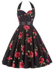 Beauteous Chiffon Halter Top Sleeveless Zipper Sashes ribbons and Pattern Prom Dresses in Red And Black