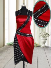  Halter Top Sleeveless Evening Dress Knee Length Beading Red And Black Elastic Woven Satin