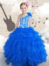  Organza One Shoulder Sleeveless Lace Up Embroidery and Ruffles and Hand Made Flower Girls Pageant Dresses in Navy Blue