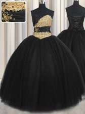  Sleeveless Tulle Floor Length Lace Up Quinceanera Dress in Black with Beading and Appliques and Ruching and Belt