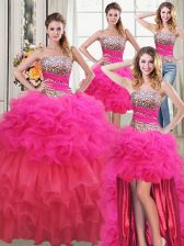  Four Piece Sleeveless Organza Floor Length Lace Up Quinceanera Dresses in Multi-color with Beading and Ruffles and Ruffled Layers and Sequins