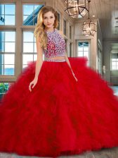 Perfect Scoop Backless Tulle Sleeveless Floor Length 15th Birthday Dress and Beading and Ruffles