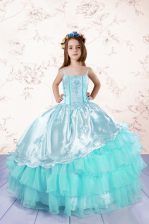  Sleeveless Floor Length Embroidery and Ruffled Layers Lace Up Little Girls Pageant Gowns with Turquoise
