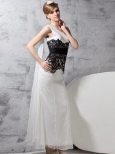 Traditional One Shoulder White And Black Sleeveless Chiffon Side Zipper Prom Evening Gown for Prom and Party