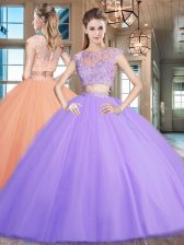 High Quality Scoop Tulle Cap Sleeves Floor Length Sweet 16 Quinceanera Dress and Beading and Appliques