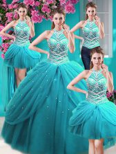  Four Piece Halter Top Sleeveless Tulle Floor Length Lace Up 15 Quinceanera Dress in Aqua Blue with Beading and Pick Ups