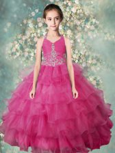 Glorious Halter Top Floor Length Rose Pink Kids Formal Wear Organza Sleeveless Beading and Ruffled Layers