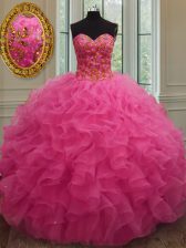 Fitting Hot Pink Sleeveless Floor Length Beading and Ruffles Lace Up Sweet 16 Dresses